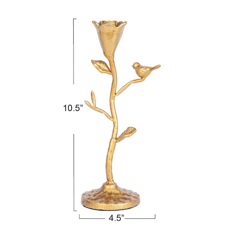 Hand-Forged Cast Iron Candelabra with Flowers and Bird - 4.5"L x 3.5"W x 10.6"H