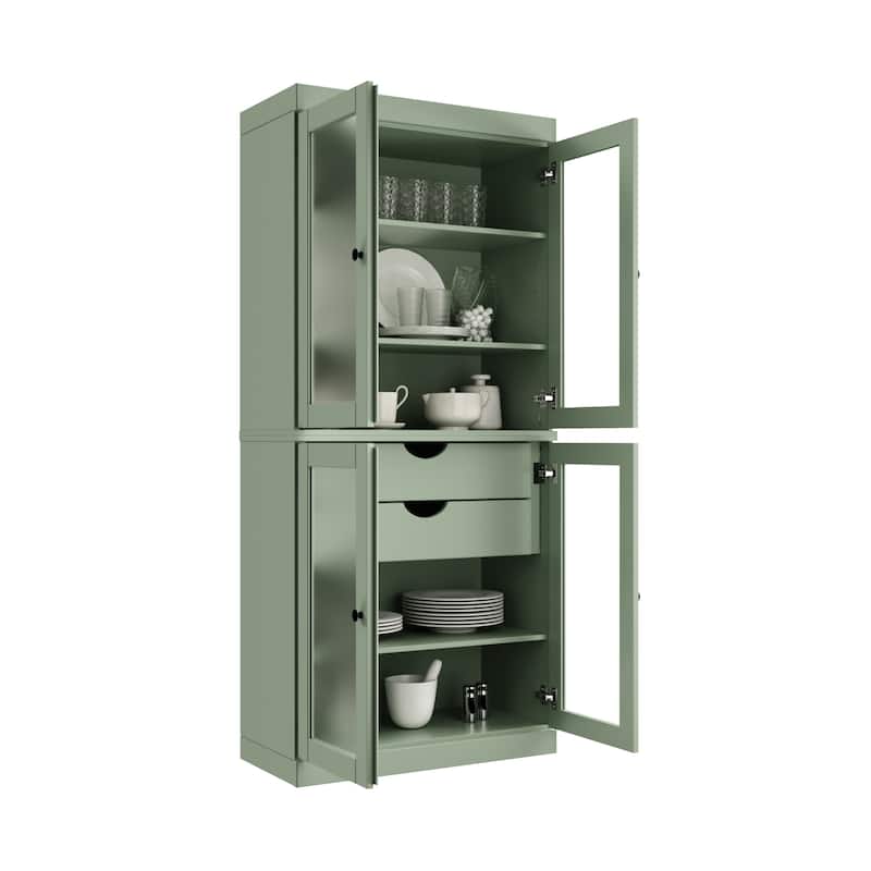 Palace Imports 100% Solid Wood Pantry Cabinet with Frosted Glass Doors, 2-Drawers and Adjustable Shelves - 32" x 71.5" - Sage