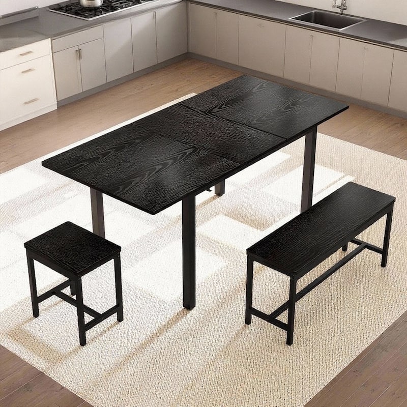 47.2" Large Extendable Kitchen Table Set, with 2 Benches and 2 Square Stools - Black