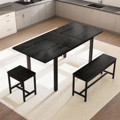 47.2" Large Extendable Kitchen Table Set, with 2 Benches and 2 Square Stools