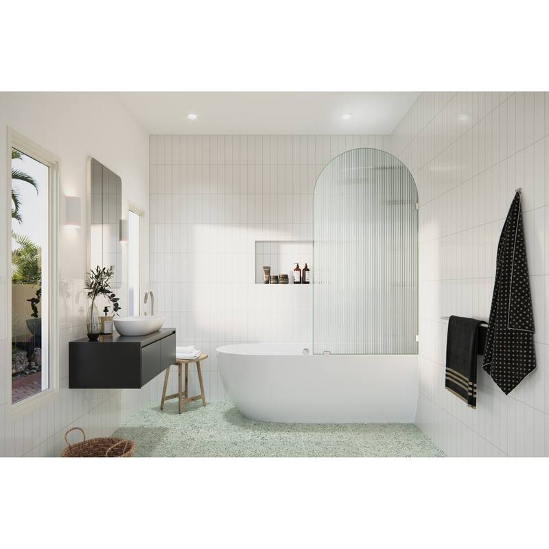 Venus 34 in. x 66.75 in. Single Fixed Frameless Arched Fluted Frosted Bathtub Panel