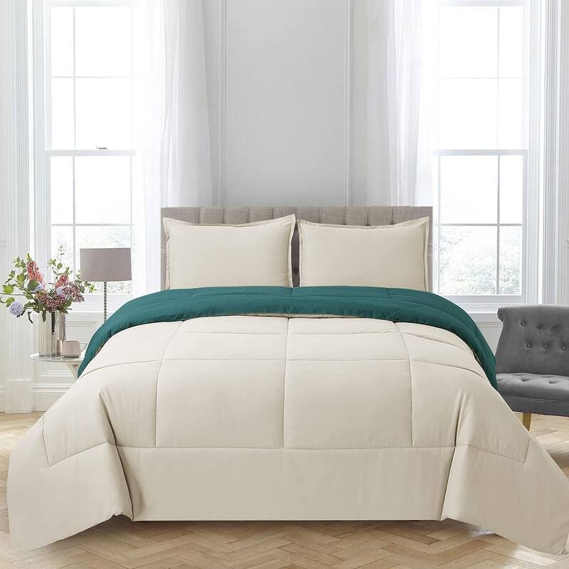 Shatex Reversible Bedding Comforter Set with 2 Pillow Shams - Green - Queen