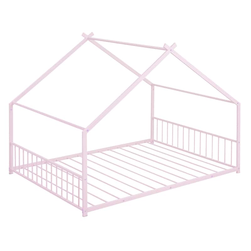 Full Size Metal House Bed with Roof, Fence and Back for Kids, Boys and Girls, Bedroom