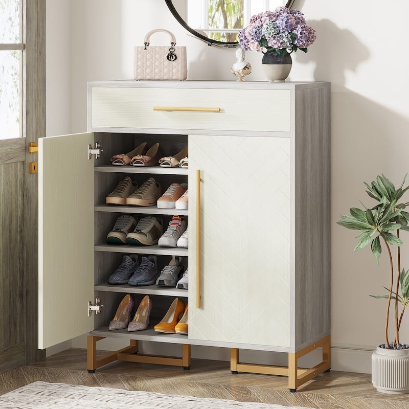 Modern 20 Pairs Shoe Cabinet with Drawer, Doors - 15.75"D x 31.5"W x 39.37"H