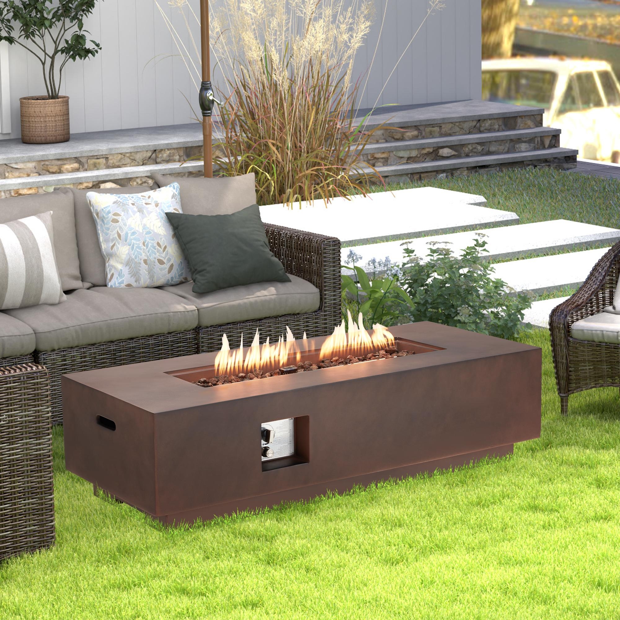 Lovamsal 60 Inch Outdoor Propane Fire Pit Table 3-Piece 50,000 BTU Concrete Fire Pit Gas Rectangular Firepit Tank Cover Table With Glass Wind Guard, Rain Cover For Garden, Pool,Backyard