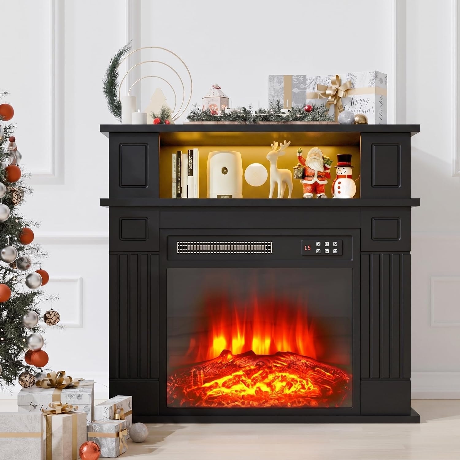 BOSSIN 28" Electric Fireplace with Mantel, 18 inch Electric Fireplace Insert,Freestanding Mantel Fireplace with Storage Shelf