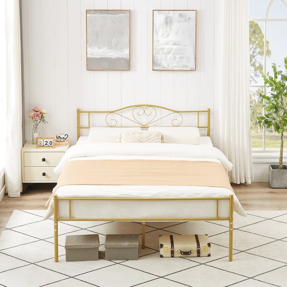 Javlergo Black/Pink/Gold Metal Platform Bed Frame with Heart Headboard Heavy Duty No Box Spring Needed