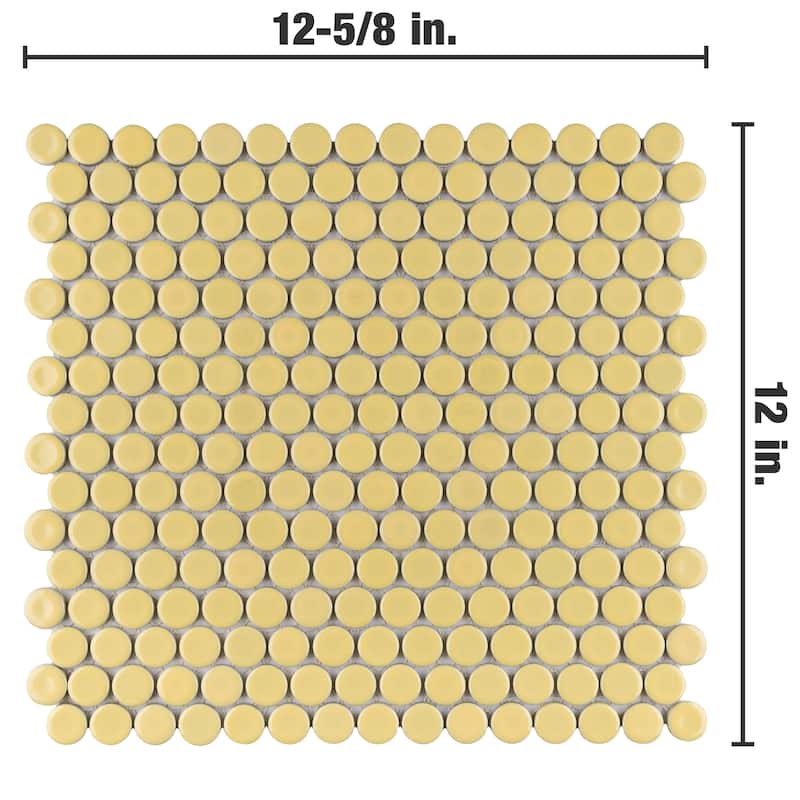 Merola Tile Hudson Penny Round Vintage Yellow 11-7/8 x 12-5/8 Porcelain Mosaic Tile