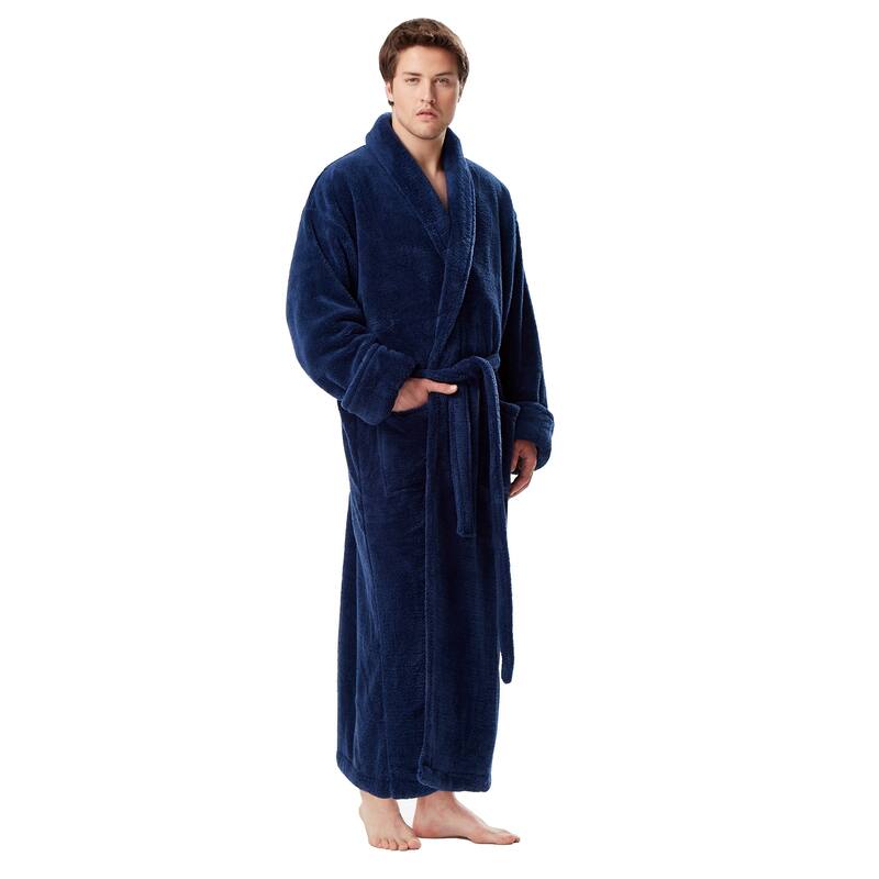 Men's Shawl Collar Premium Fleece with Full Ankle Length Bathrobe - L-XL Ankle Length - Navy Blue