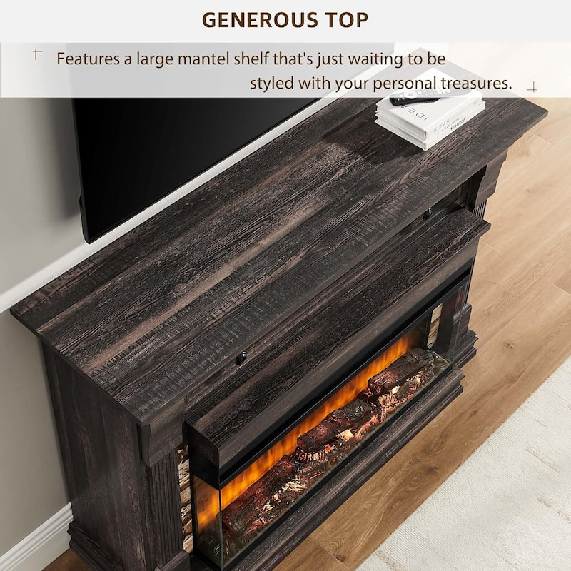 52" Farmhouse 3-Sided Fireplace TV Stand, Wood Entertainment Center