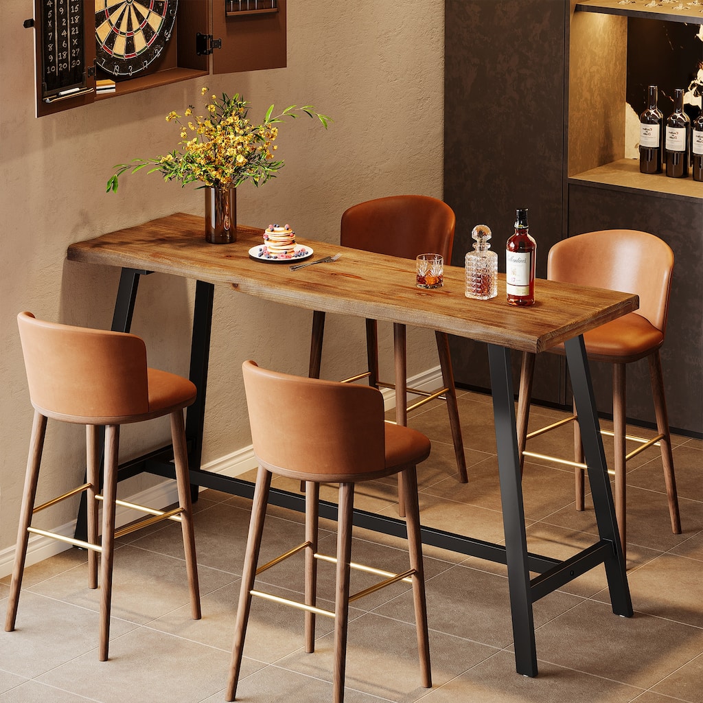 Solid Wood Bar Table, 55.1-Inch Counter Height Pub Table with Sturdy Metal Frame