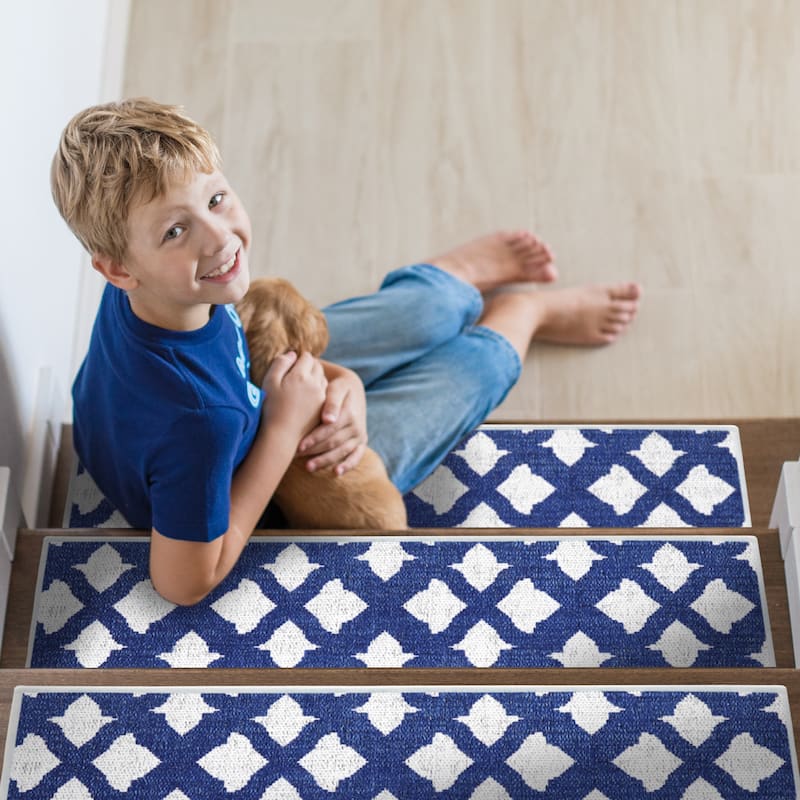 SussexHome Floral Design 9" X 28" Stair Treads - 70% Cotton Anti-Slip Carpet Strips for Indoor Stairs-with Double Adhesive Tape - 7 PACK - Navy
