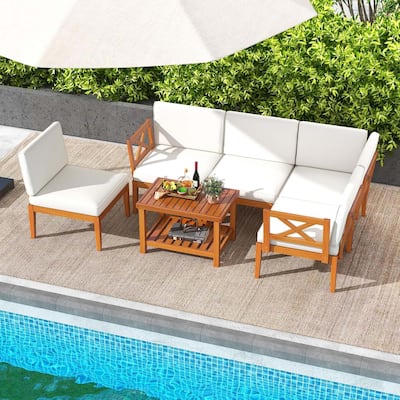 6 PCS Acacia Wood Patio Furniture Set Outdoor Conversation Set
