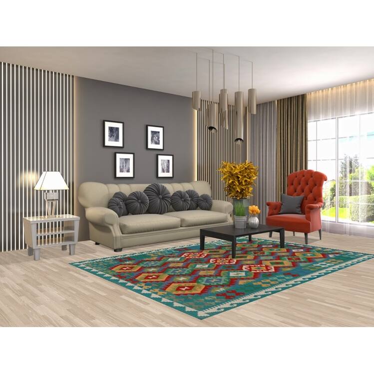 Hand Woven Oriental 100% Wool Carpet Southwestern All-Over Multi-Colored Kilim Area Rug - 8' 2'' X 5' 8''