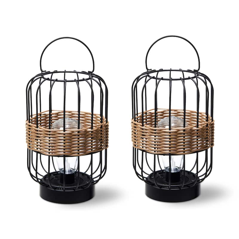 Glitzhome 11.75"H Metal & Faux Rattan Solar Powered Outdoor Lantern with Edison Bulb