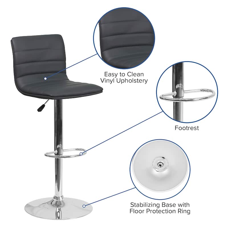 Modern Vinyl Adjustable Height Barstool with Horizontal Stitch Back - 16"W x 19"D x 35" - 44"H - 16"W x 19"D x 35" - 44"H