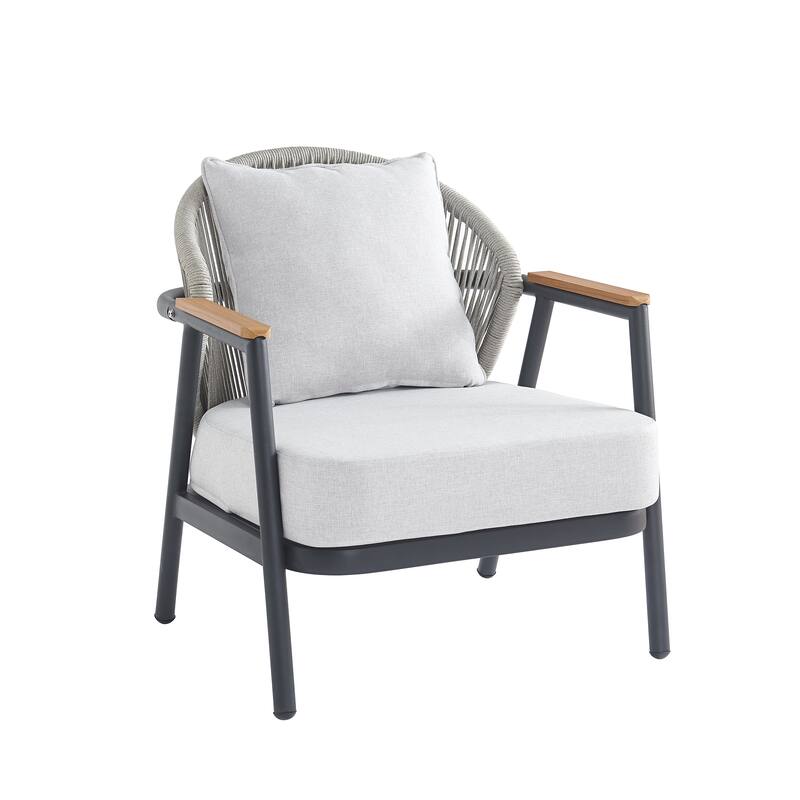Roomfitters Orla Outdoor Rope Club Chairs with Plastic Wood Armrests and Cushions, Grey Finish - Single Unit