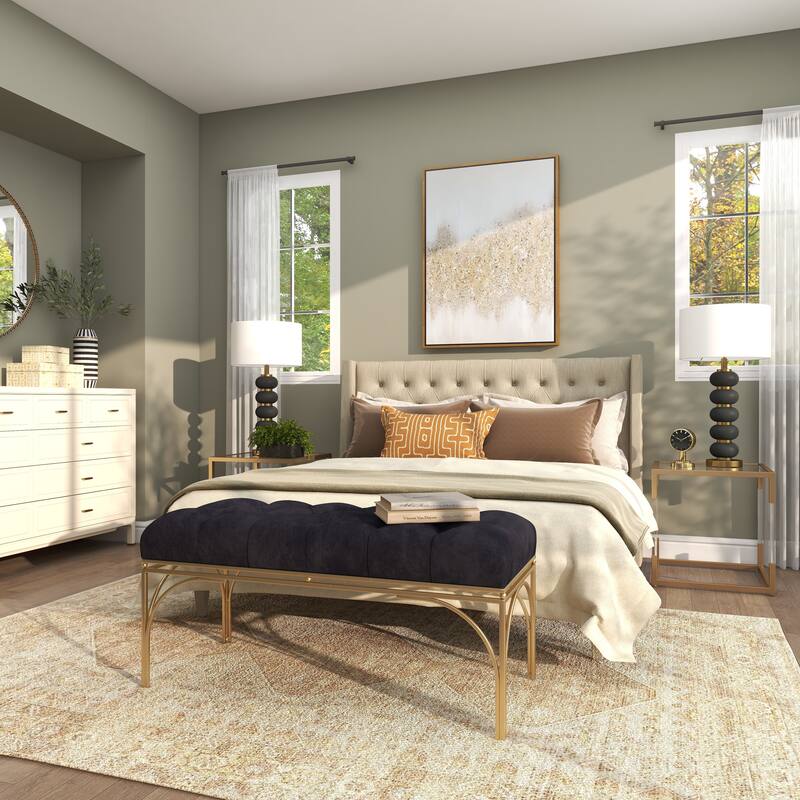 White, Black or Gray Velvet Tufted Home Bench with Gold Metal Legs