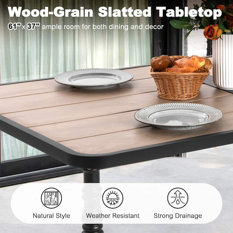 Patio Rectangle Dining Table with Umbrella Hole, Wood-Grain Tabletop