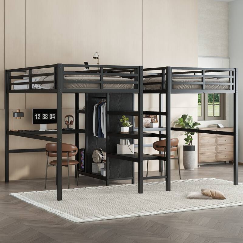 Black Twin Over Twin Loft Bed with Double Desk Wardrobe Shelves Power Outlet