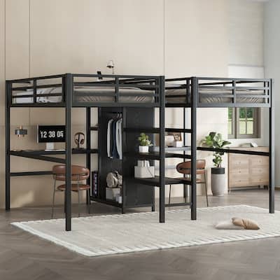 Twin-over-Twin Metal Loft Bed with Double Desks, Wardrobe and Electrical Outlets