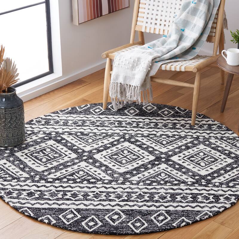 SAFAVIEH Handmade Micro-Loop Kobie Wool Rug - 5' Round - Black/Ivory