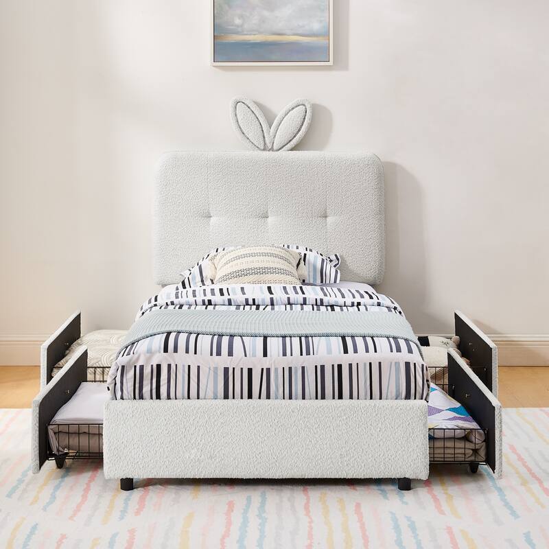 Kids Boucle Upholstered Bed with Rabbit Ear Headboard, LED Music Sync & 4 Drawers