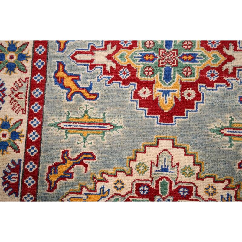 Geometric Kazak Foyer Rug Hand-Knotted Blue Wool Carpet - 3'4" x 4'9"