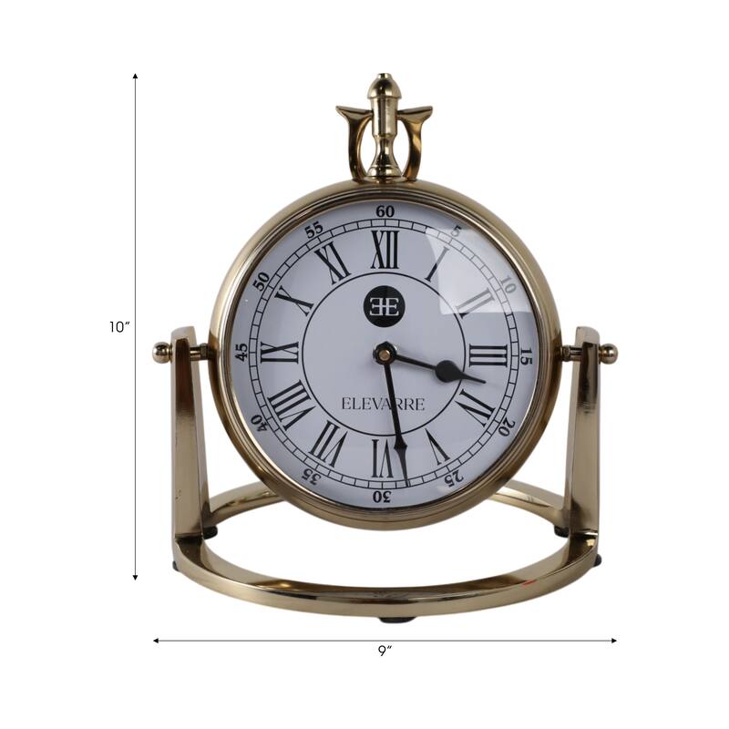 Metal Glass Desk Clock Roman Numerals Silent Movement and Pivot Stand - 9" x 9" x 10"