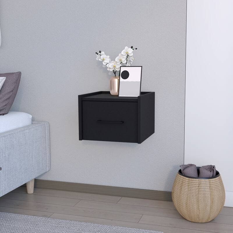 Wall-Mounted Bedside Shelf with Drawer, Black