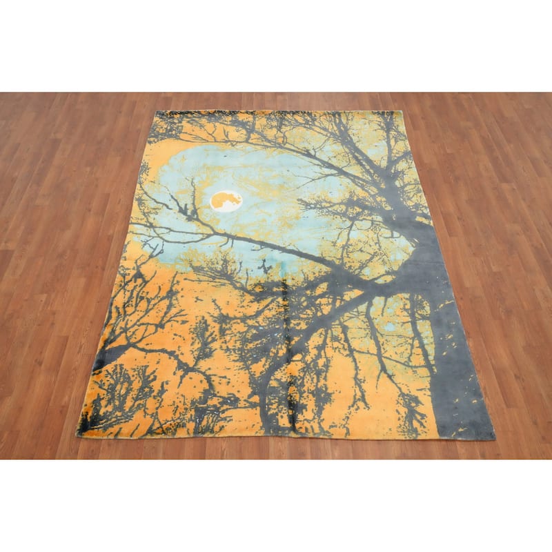 Hand Knotted Oriental Viscose Silk Carpet Modern Pictorial Multi-Colored Abstract Area Rug - 7' 8'' X 5' 7''