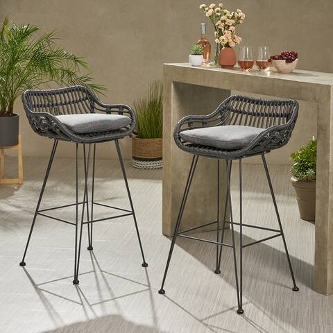 Dale Outdoor Wicker Barstools with Cushions (Set of 2) by Christopher Knight Home