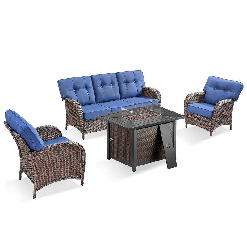 Pocassy Outdoor 43 In Fire Table with Sofa Patio Chair Set