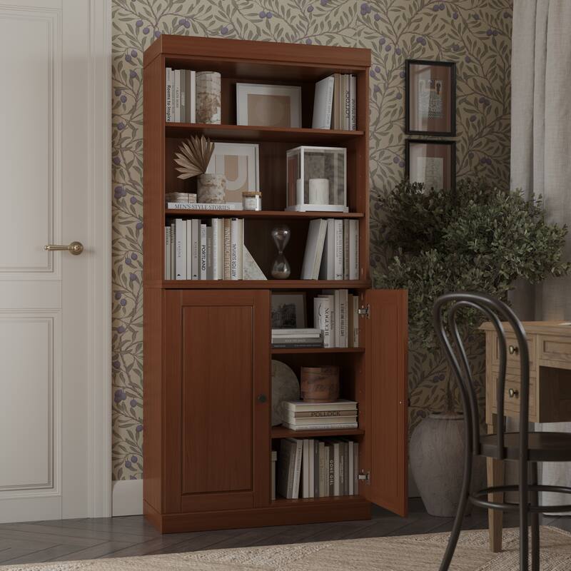 Palace Imports Solid Wood 6-Shelf Bookcase, Raised Panel Doors, Adjustable Shelves - Mocha