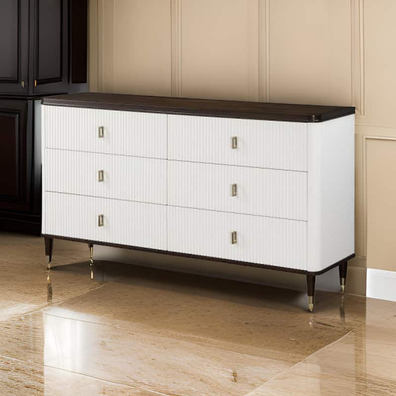 Aren 67 Inch Wide Dresser Chest, Jewelry Tray, 6 Drawers, Solid Wood, White