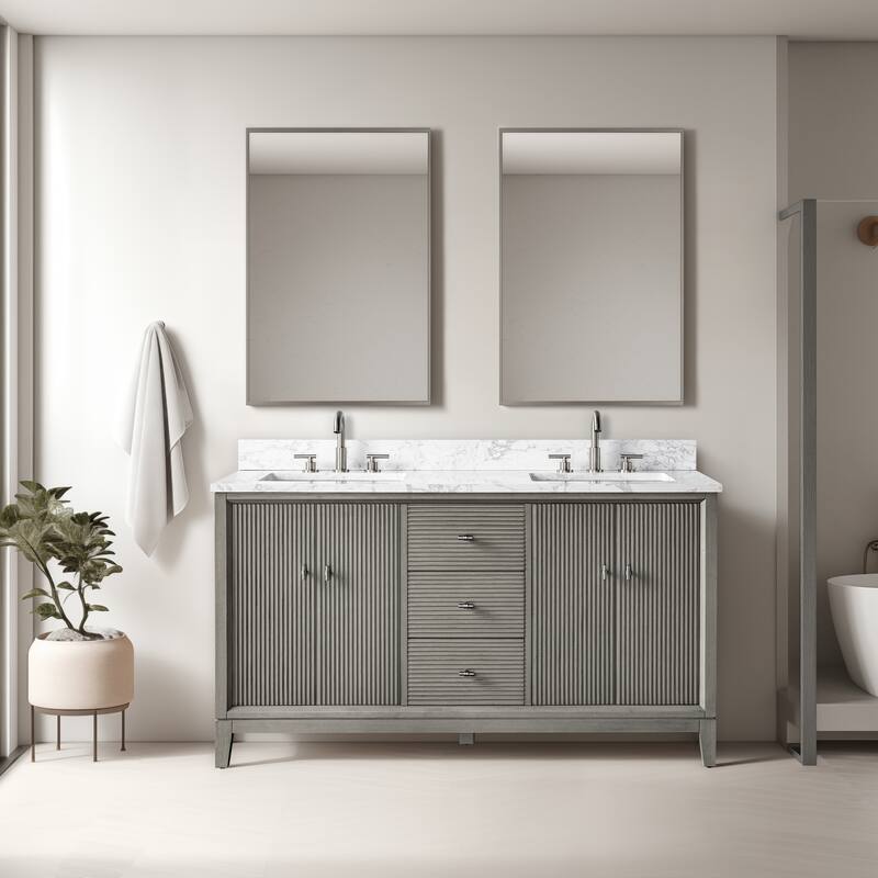 Vanity Art 60" Freestanding Bathroom Vanity with Engineered Marble Top and Sinks - 60"/Brushed Nickel - Driftwood Gray