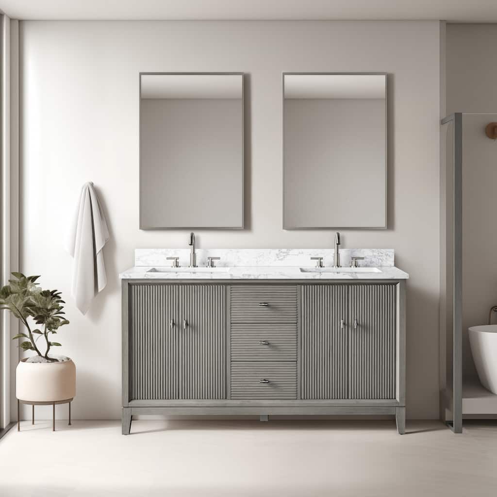 Vanity Art 60" Freestanding Bathroom Vanity with Engineered Marble Top and Sinks