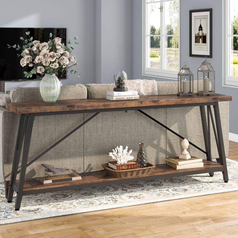 70.9 Inch Extra Long Sofa Table, Industrial Entry Console Table - Brown