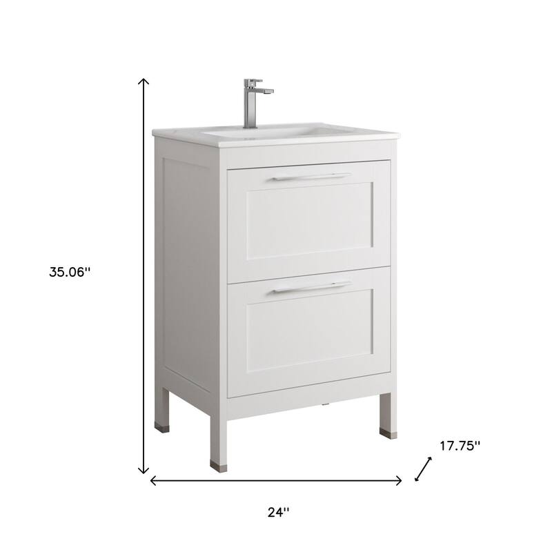 HomeRoots 24" White Wood Freestanding Bathroom Vanity With White Sink And Two Drawers - 24.00 in. x 35.06 in. x 17.75 in.