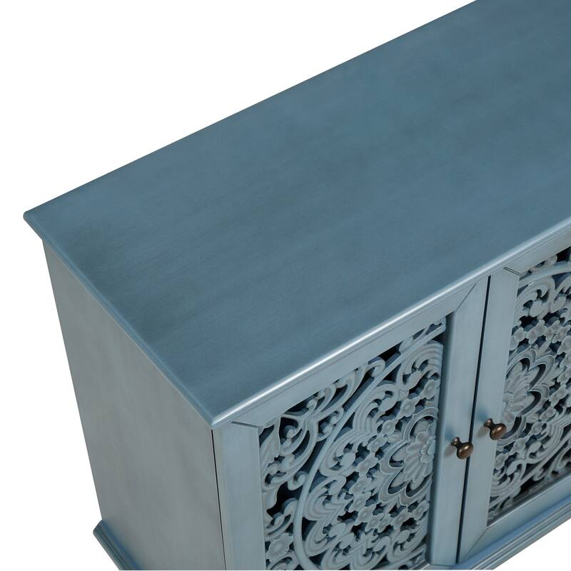 60" Antique Buffet Cabinet with Floral Carvings with Solid Wood Legs