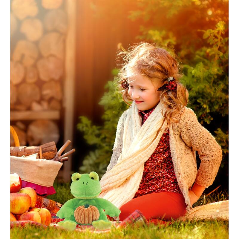 DolliBu Super Soft Frog Stuffed Animal with Pumpkin Decor Plush