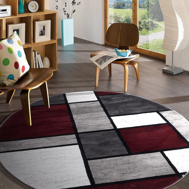 World Rug Gallery Contemporary Modern Boxed Color Block Area Rug - 6'6" Round - Red