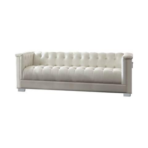 Leatherette Upholstered Sofa with Button Tufting, Pearl White