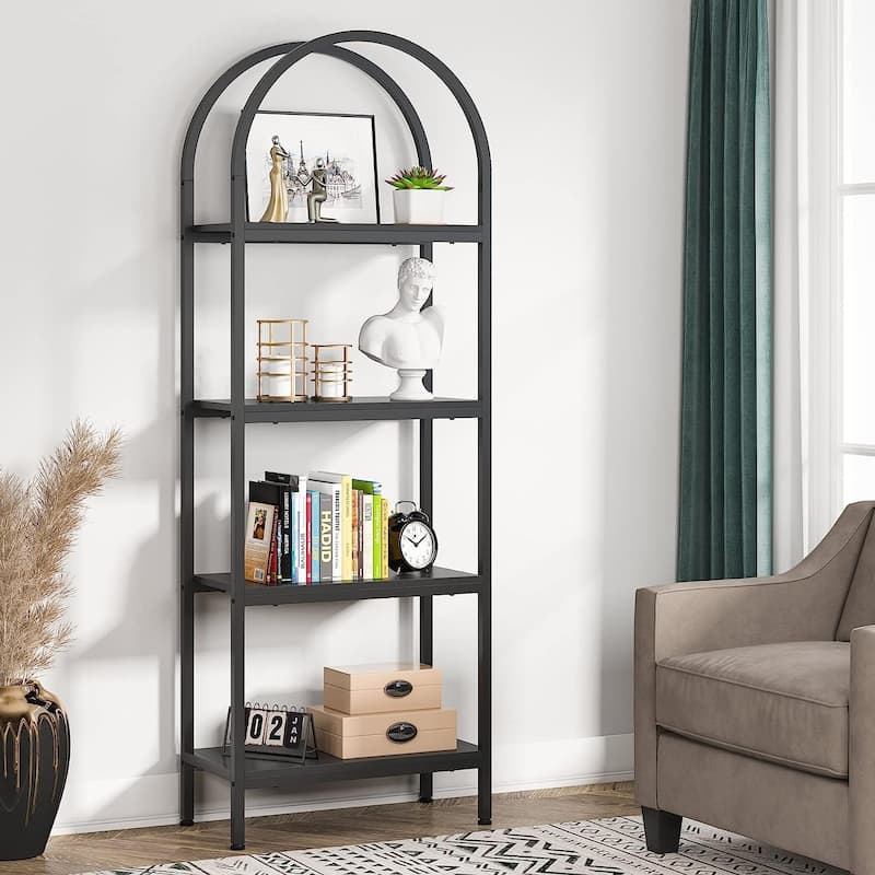 Open Bookshelf, Industrial Bookcase Storage Shelves with Metal Frame - 4-Tier - Black