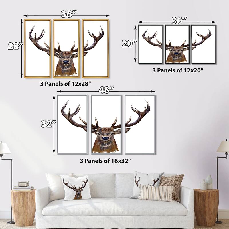 Designart "Deer Head in Front" Animal Framed Canvas Wall Art Print Set