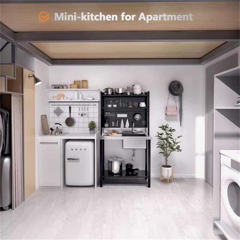 Single Bowl 304 Stainless Steel Sink Kitchen with Drainboard & Shelves
