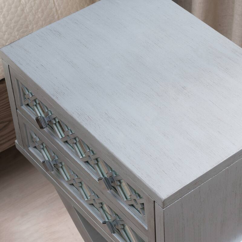 Silver Leaf Nightstand with Mirrored Drawers, Diamond Pattern Side Table, 2 Drawer Wood Base End Table, 22" x 16" x 28"