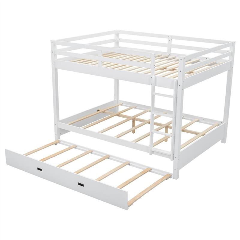Queen Over Queen Size Bunk Bed with Twin XL Size Trundle, Solid Wood Bunk Bedframe with Ladder and Guardrail for Kids