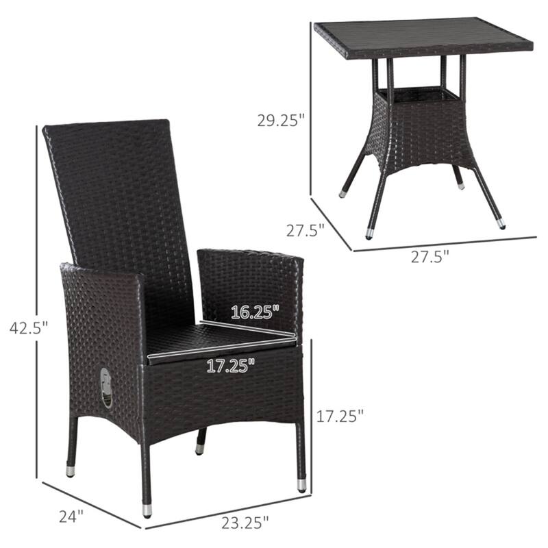 Three Piece Outdoor Patio Bistro Set Reclining Chairs and Coffee Table with Cushions - 23.25" W x 24" D x 42.5" H
