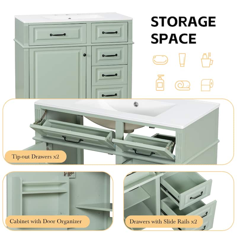 36-Inch Bathroom Vanity with Ceramic Sink Top, Solid Wood Frame and MDF Cabinet,with Adjustable Shelf and Metal Handles